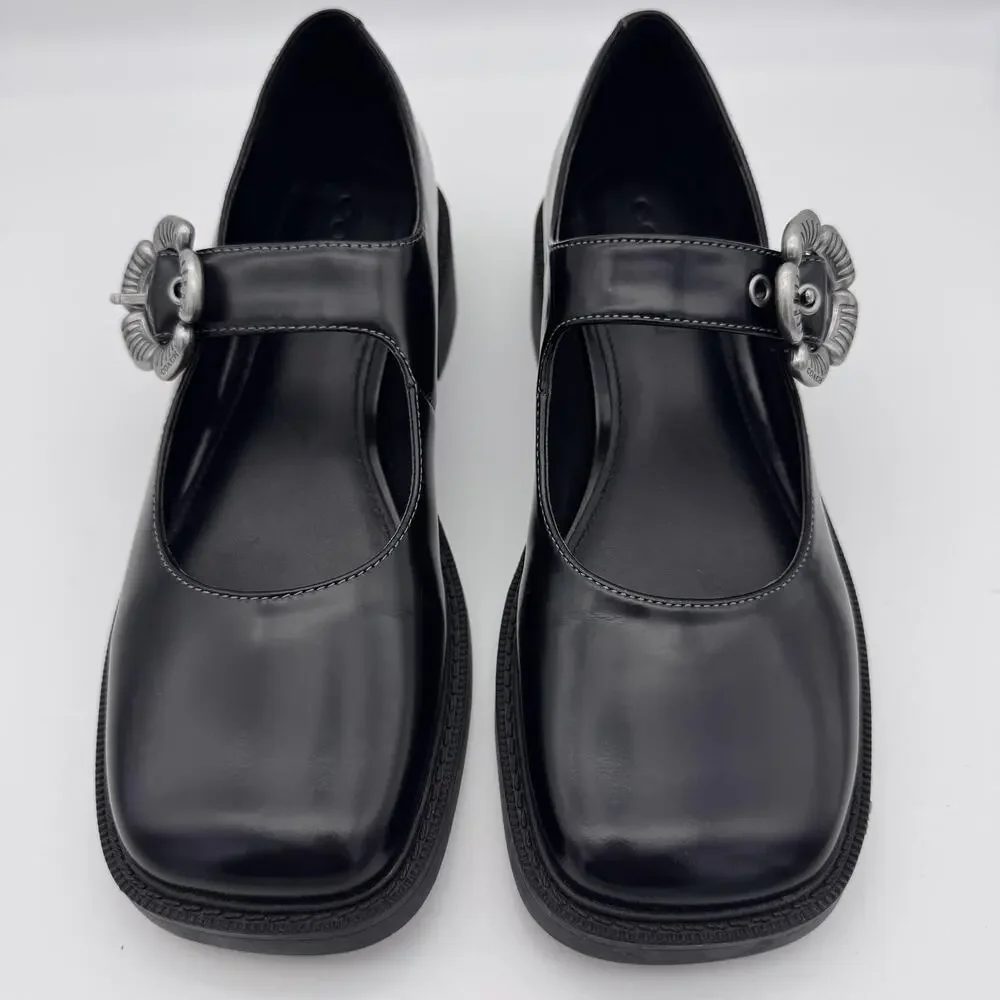 Coach Tea Rose Mary Jane Flats Womens size 7.5 Patent Leather Black Buckle Shoes